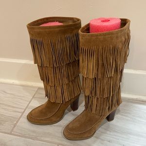 Ralph Lauren Leather Moccasin Fringe Heeled Boots in Excellent Condition